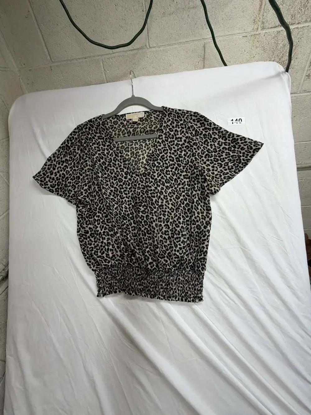 Michael Kors Women's Leopard Print V-Neck Blouse with Smocked Waist Size M